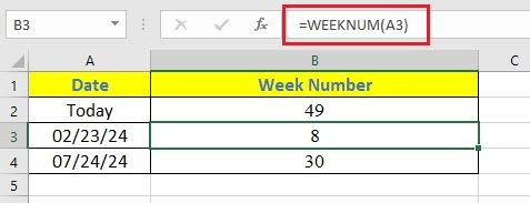 Calculate the week number that a specific date falls in using the Weeknum function in Excel.