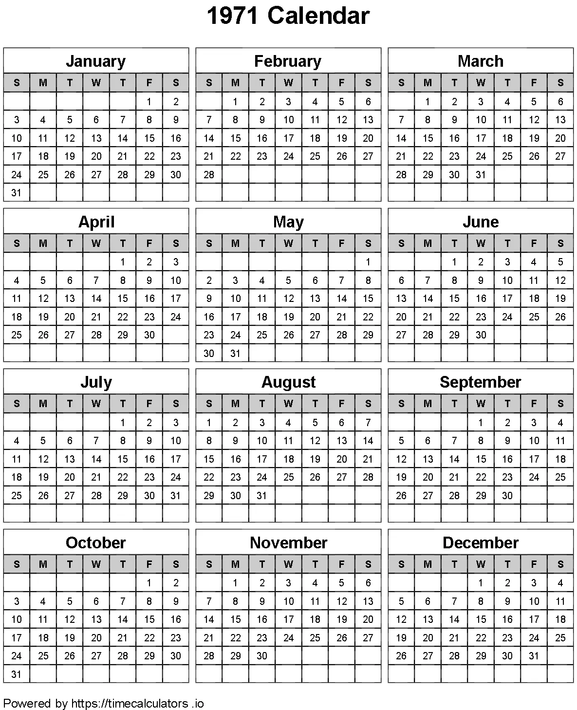 1971 Portrait Calendar