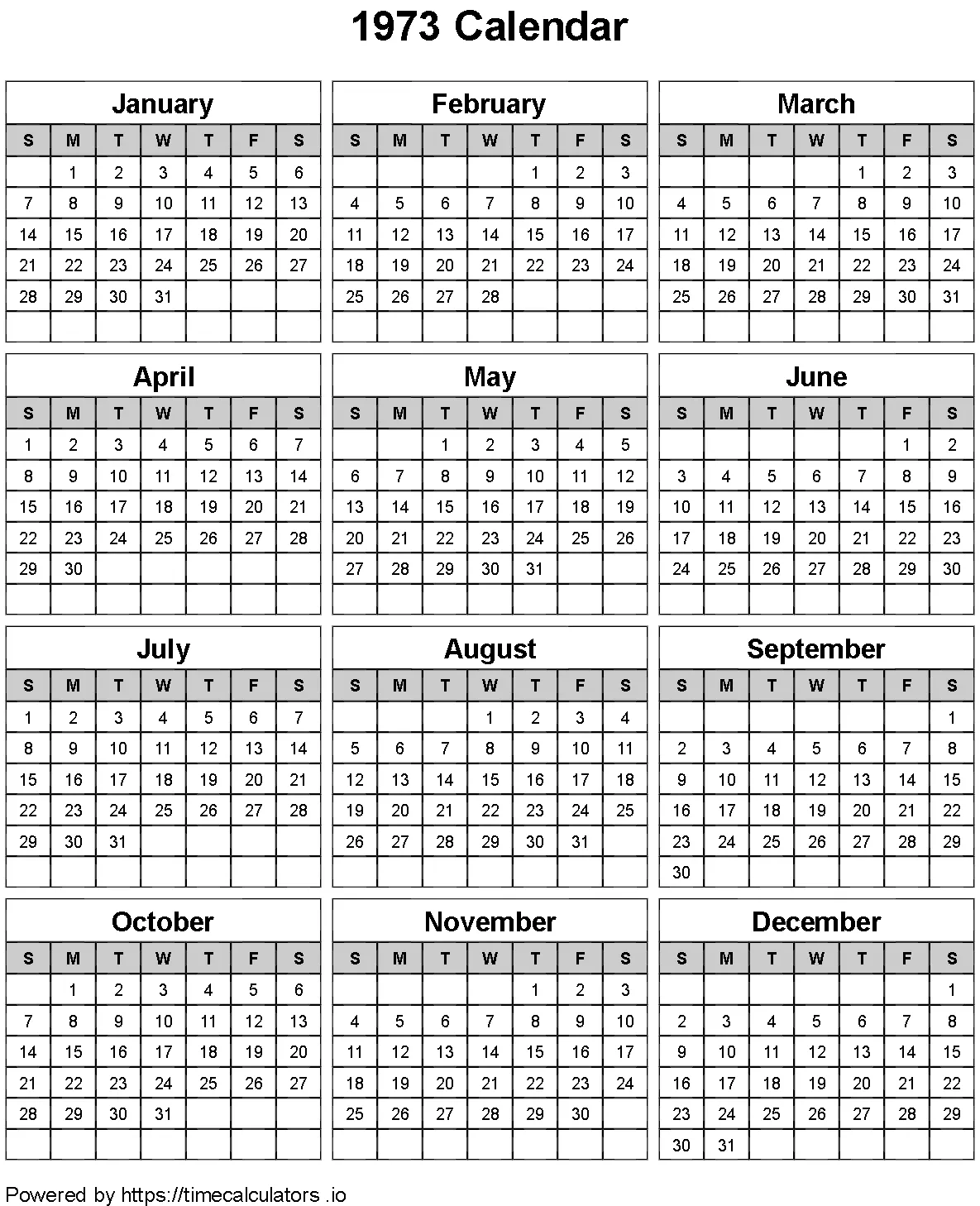 1973 Portrait Calendar