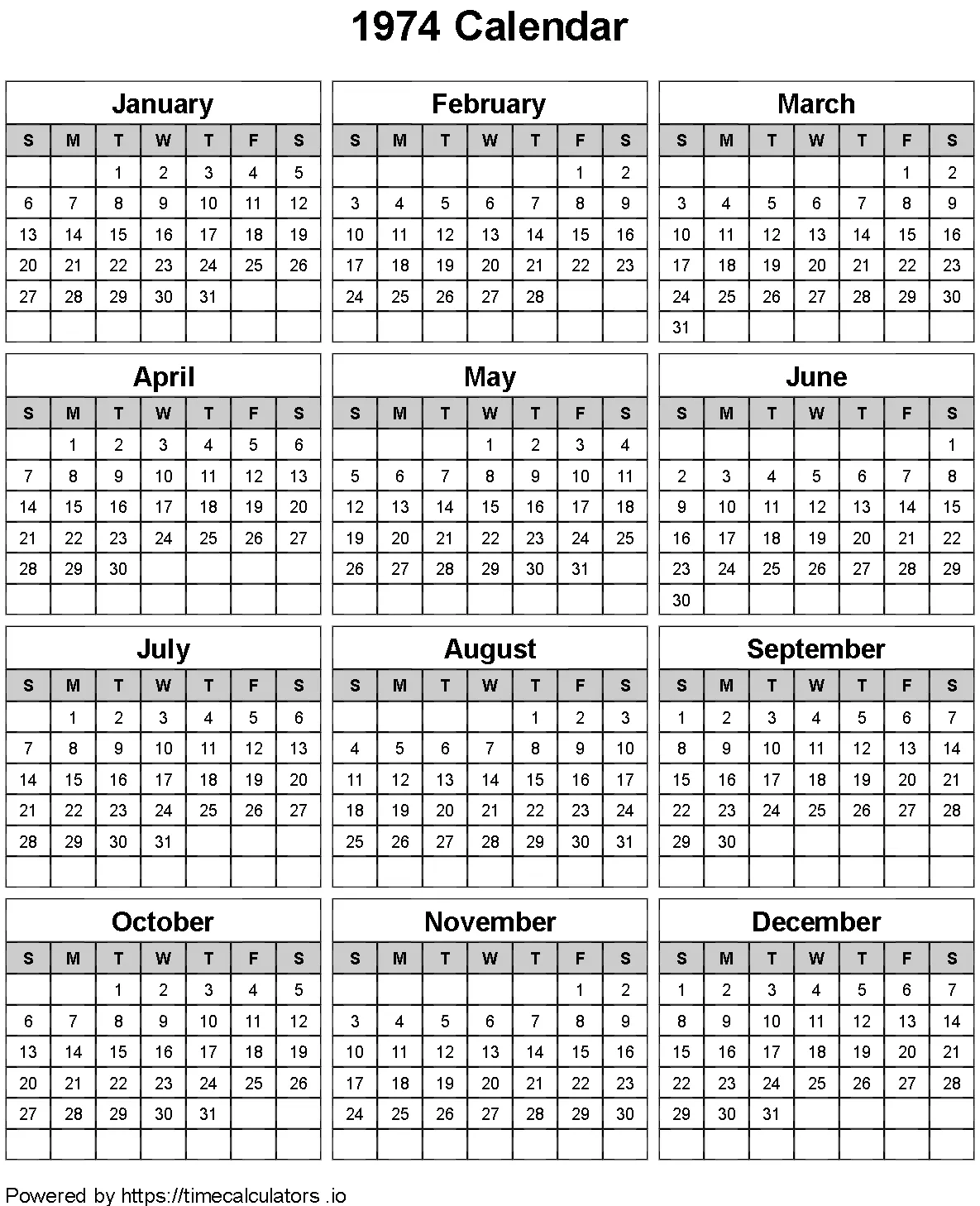 1974 Portrait Calendar
