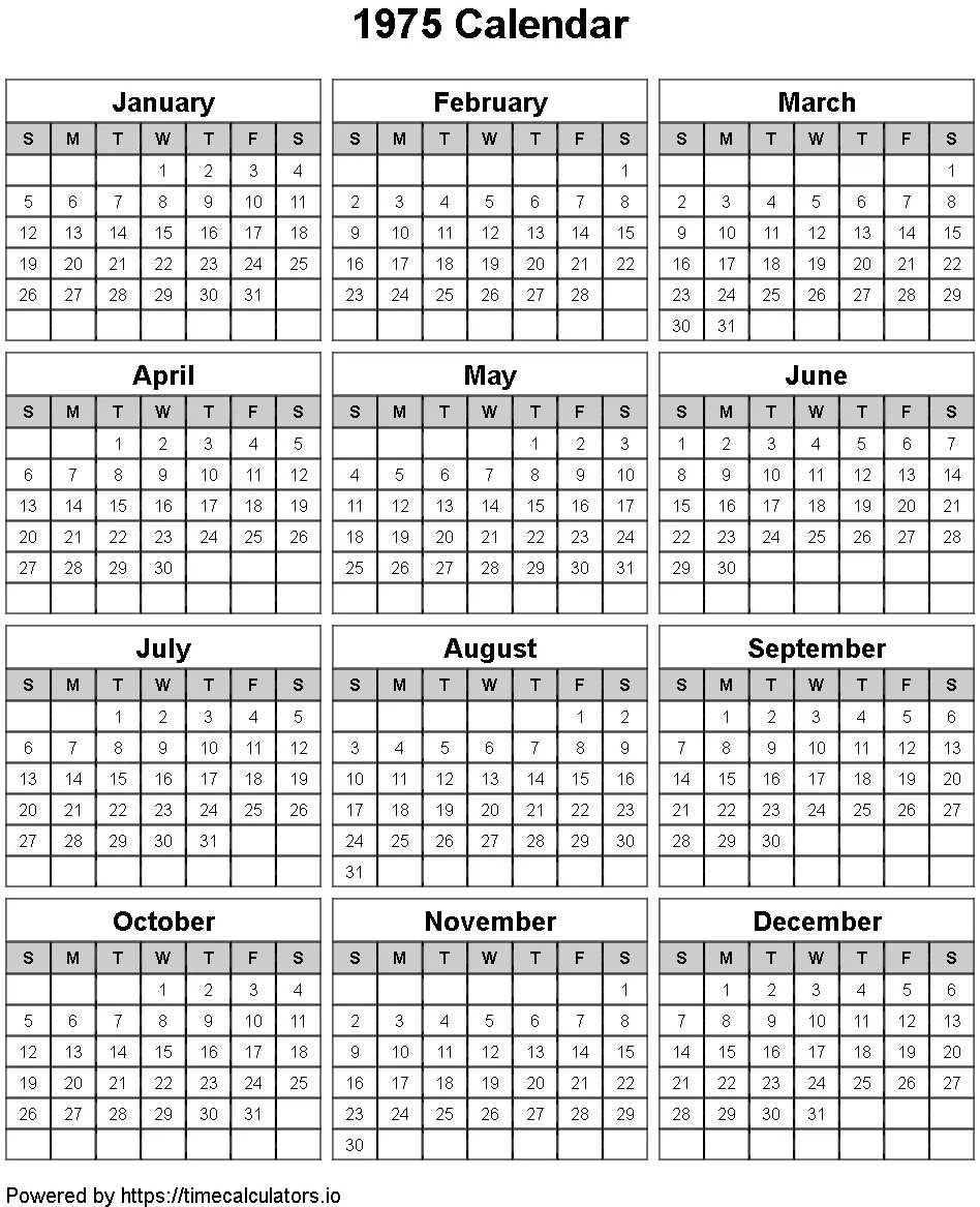 1975 Portrait Calendar