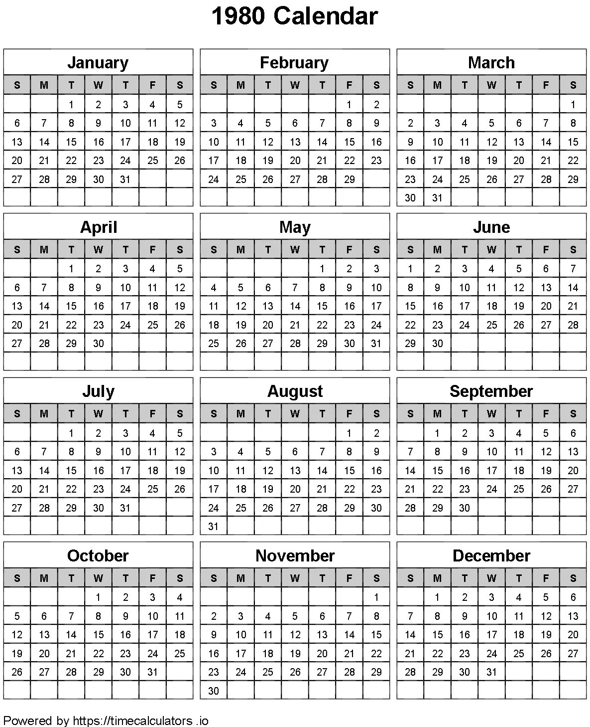 1980 Portrait Calendar