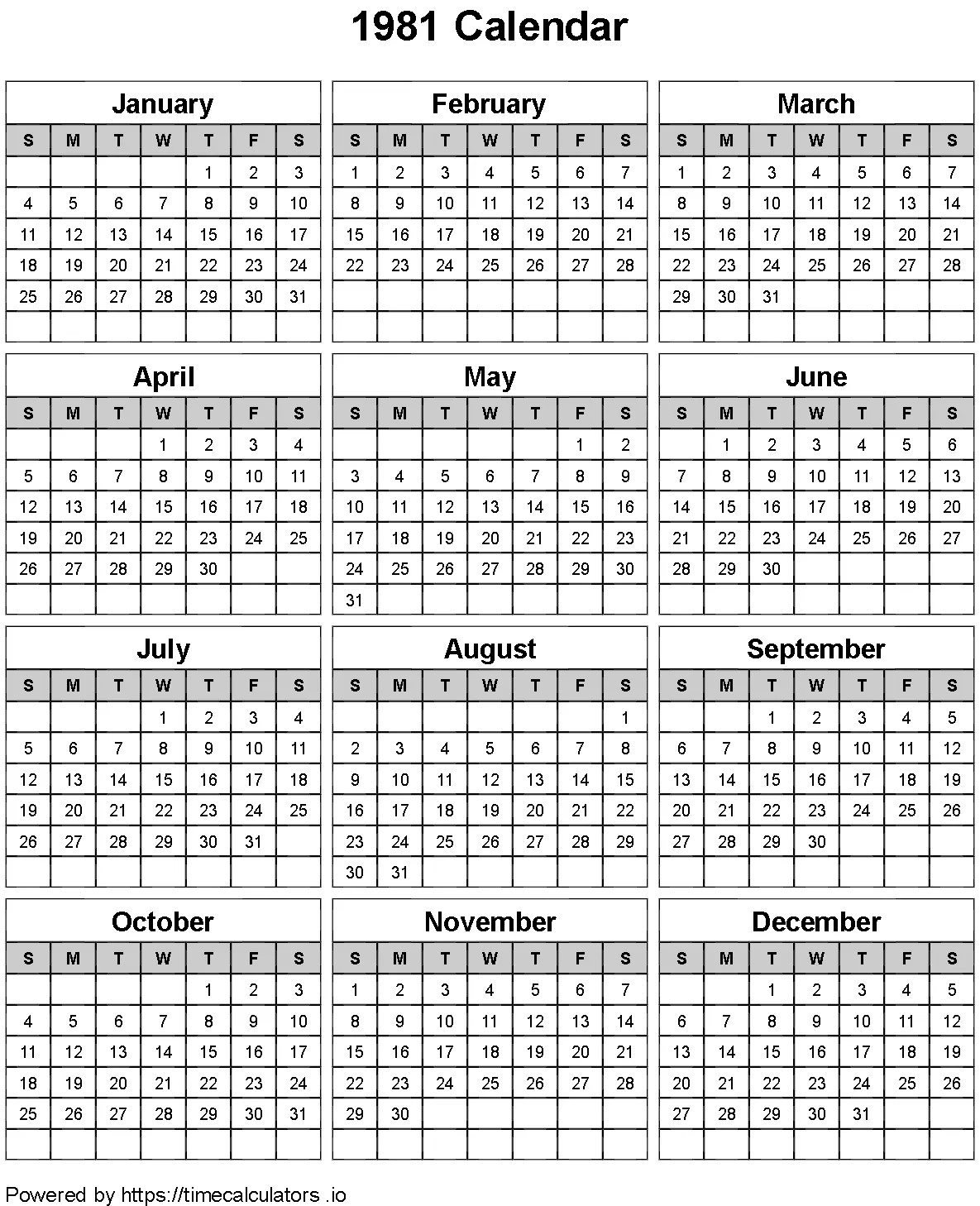 1981 Portrait Calendar