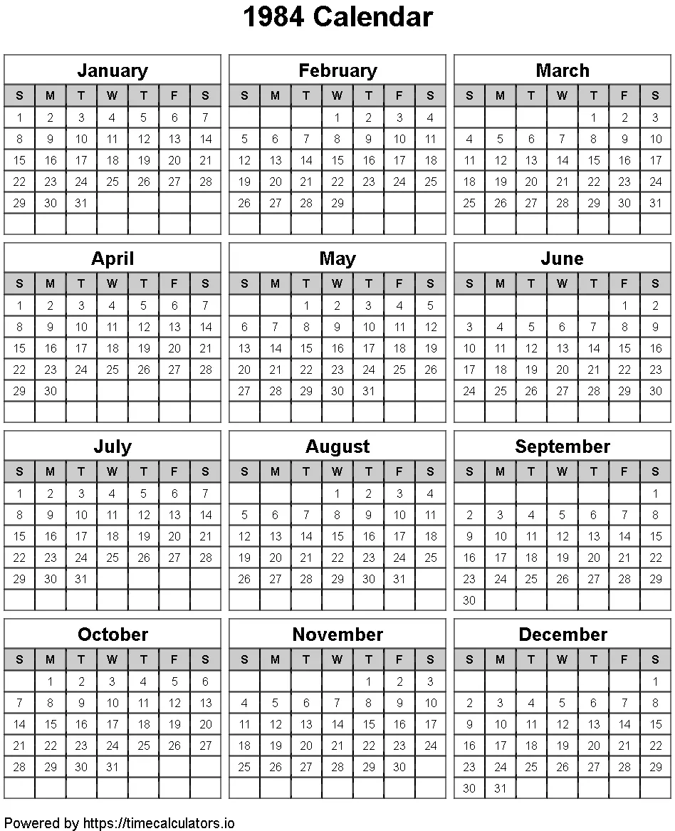 1984 Portrait Calendar