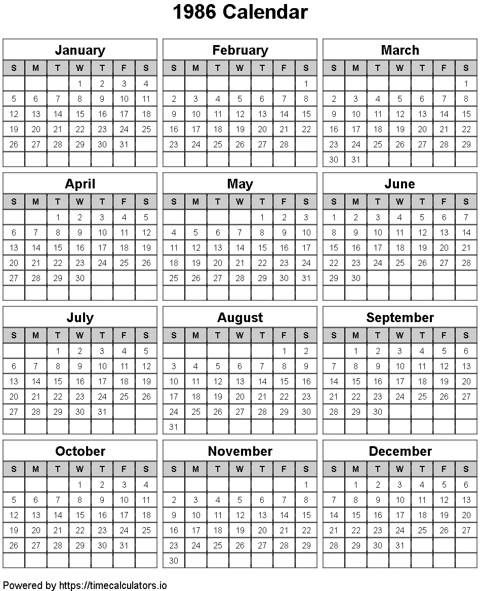 1986 Portrait Calendar