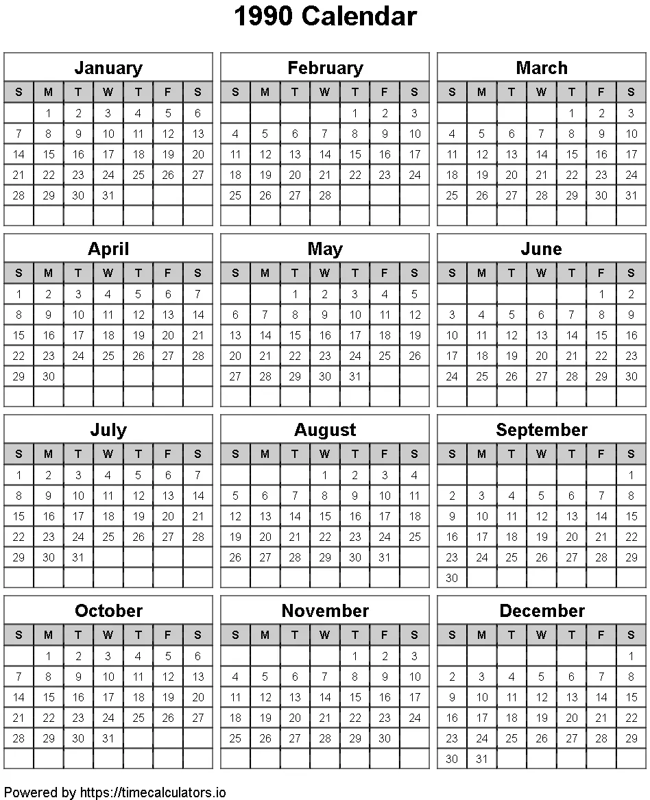 1990 Portrait Calendar