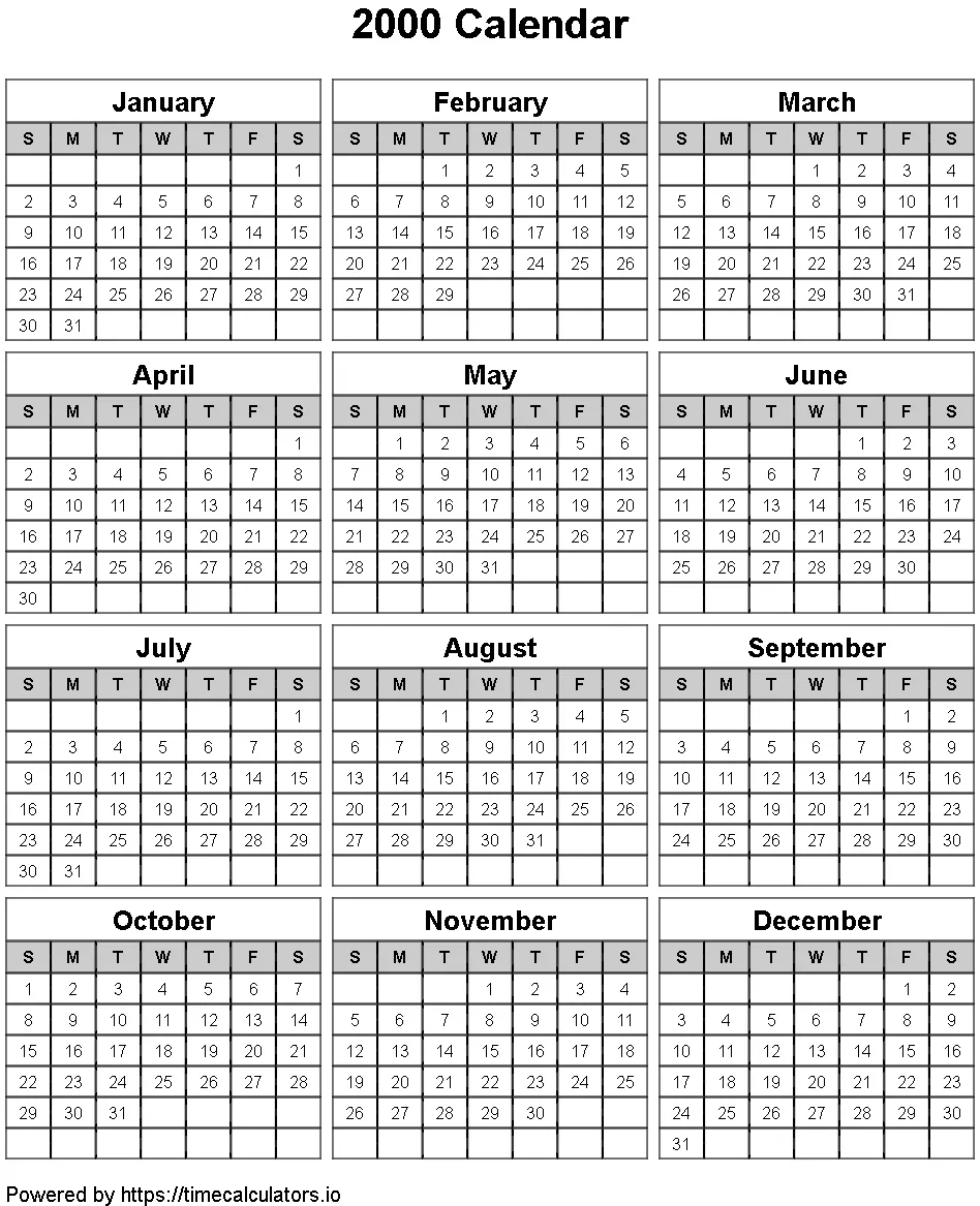 2000 Portrait Calendar
