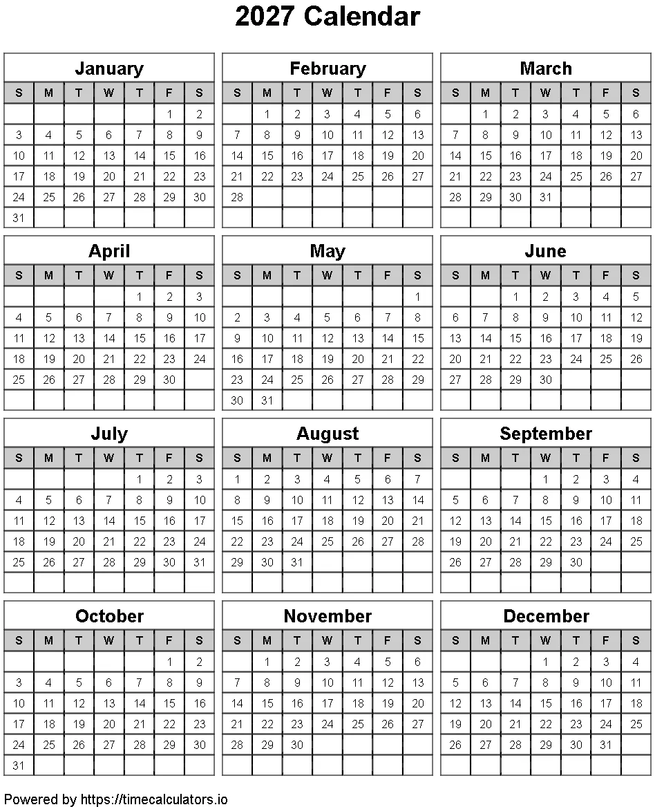 2027 Portrait Calendar