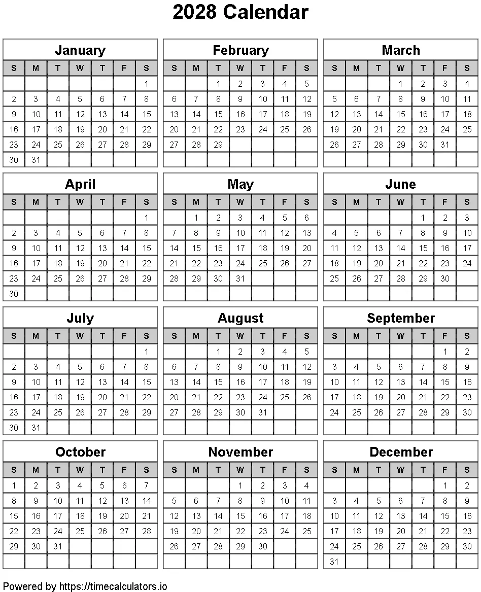 2028 Portrait Calendar