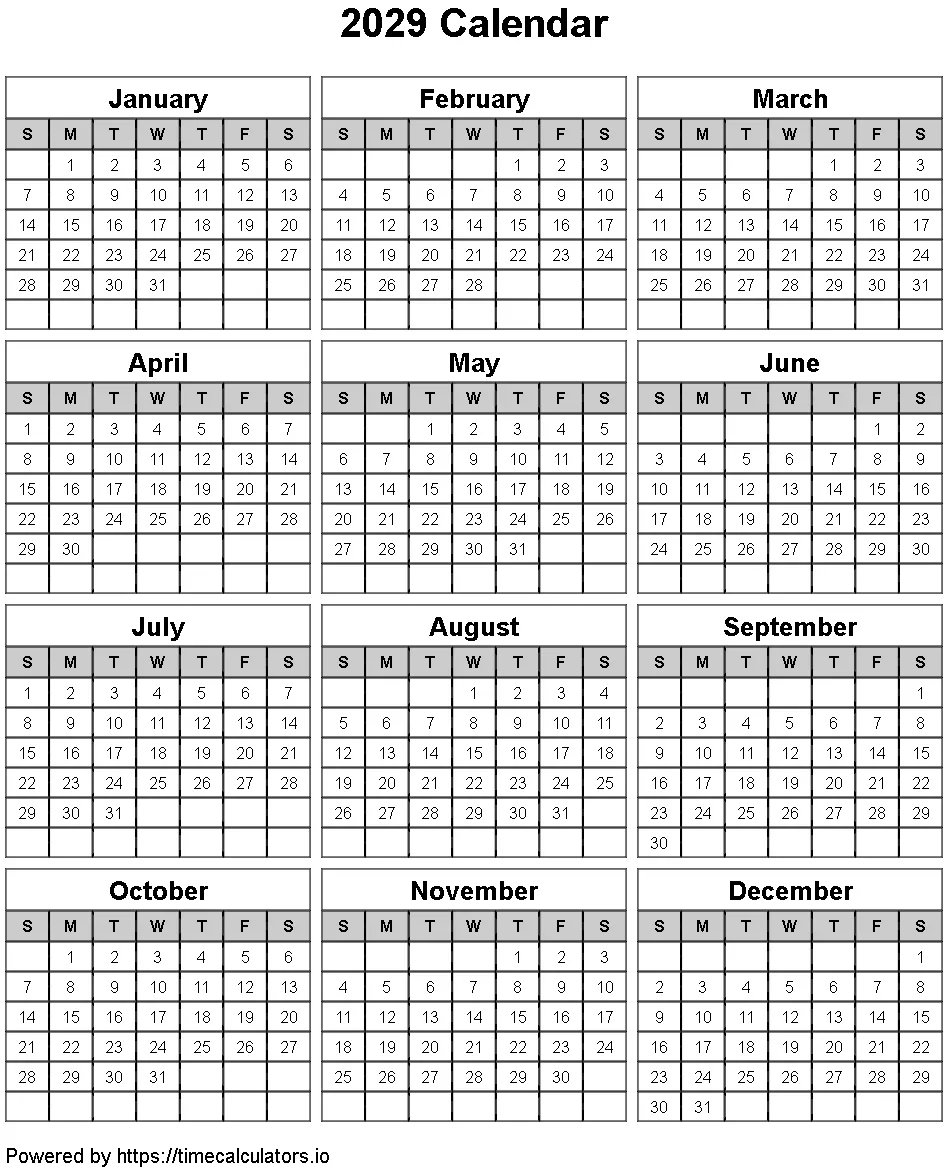 2029 Portrait Calendar