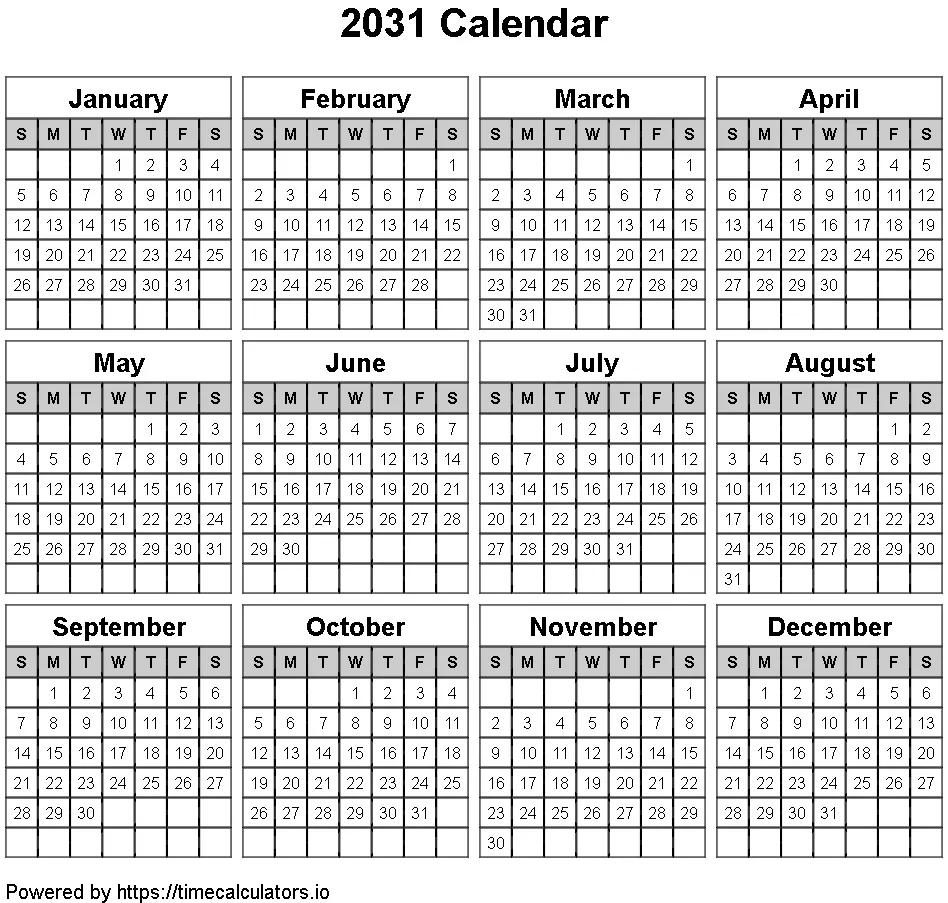 2031 Landscape Calendar