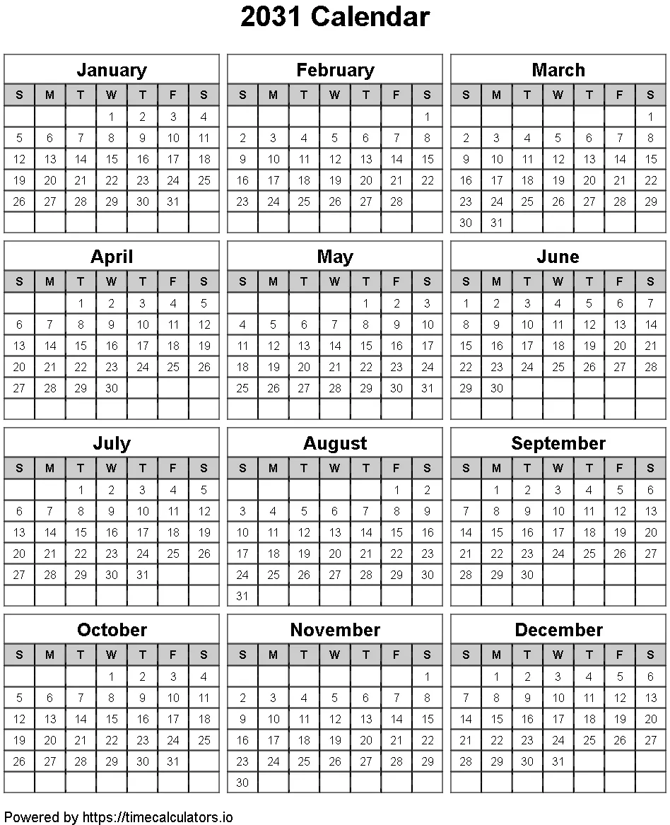 2031 Portrait Calendar