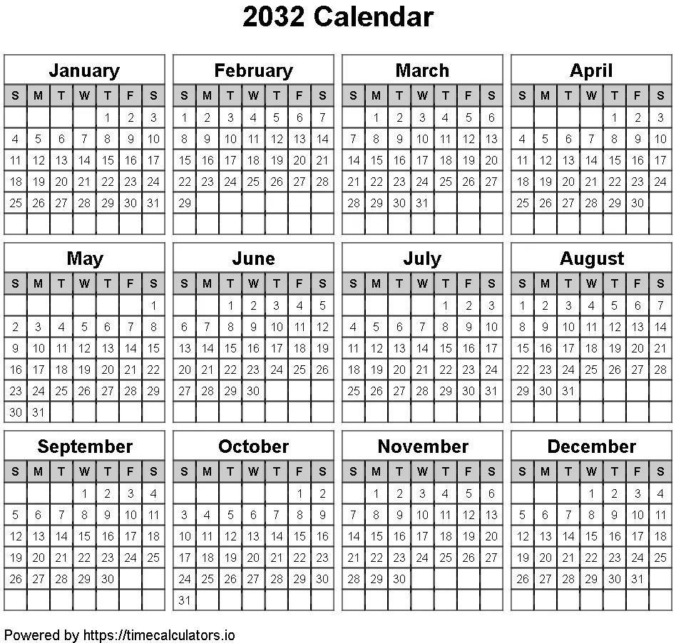 2032 Landscape Calendar