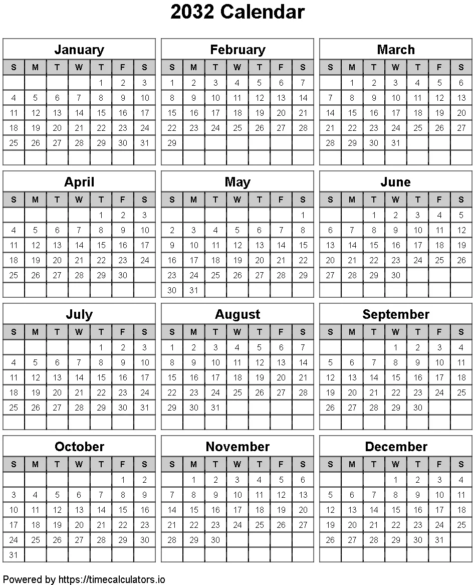 2032 Portrait Calendar