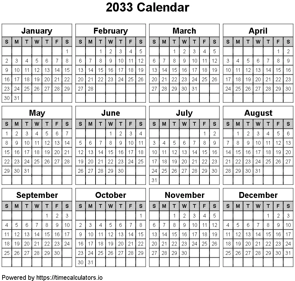 2033 Landscape Calendar