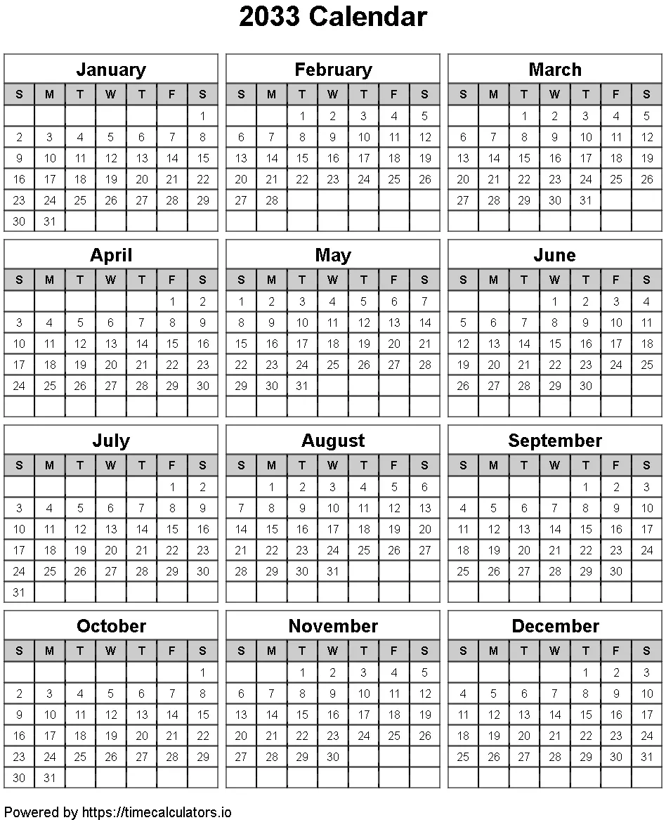 2033 Portrait Calendar