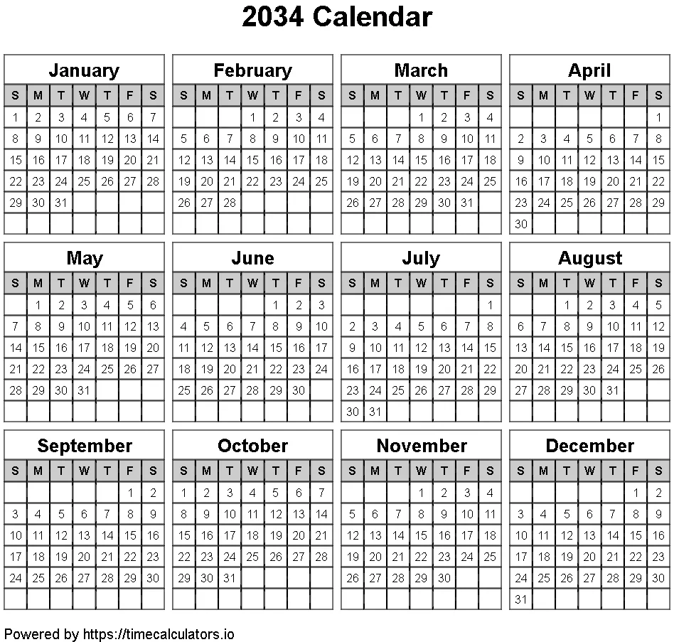 2034 Landscape Calendar