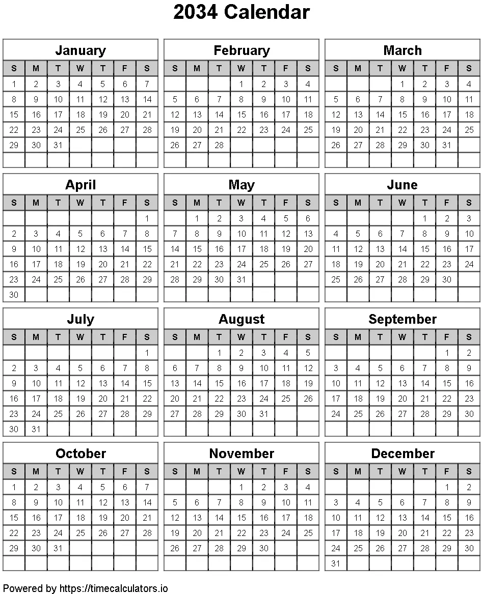2034 Portrait Calendar