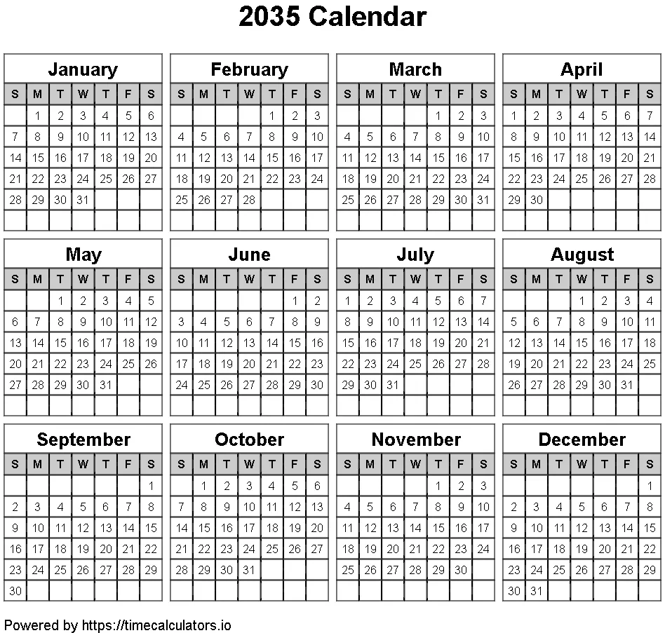 2035 Landscape Calendar