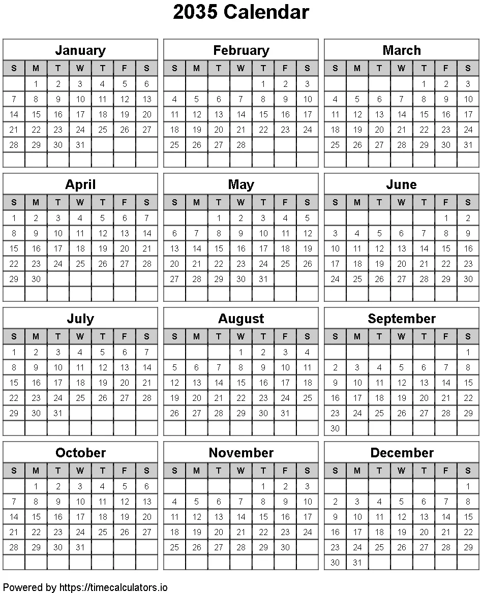 2035 Portrait Calendar
