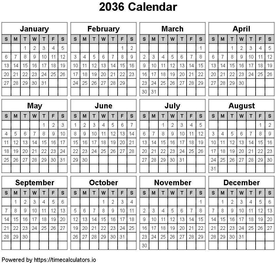 2036 Landscape Calendar