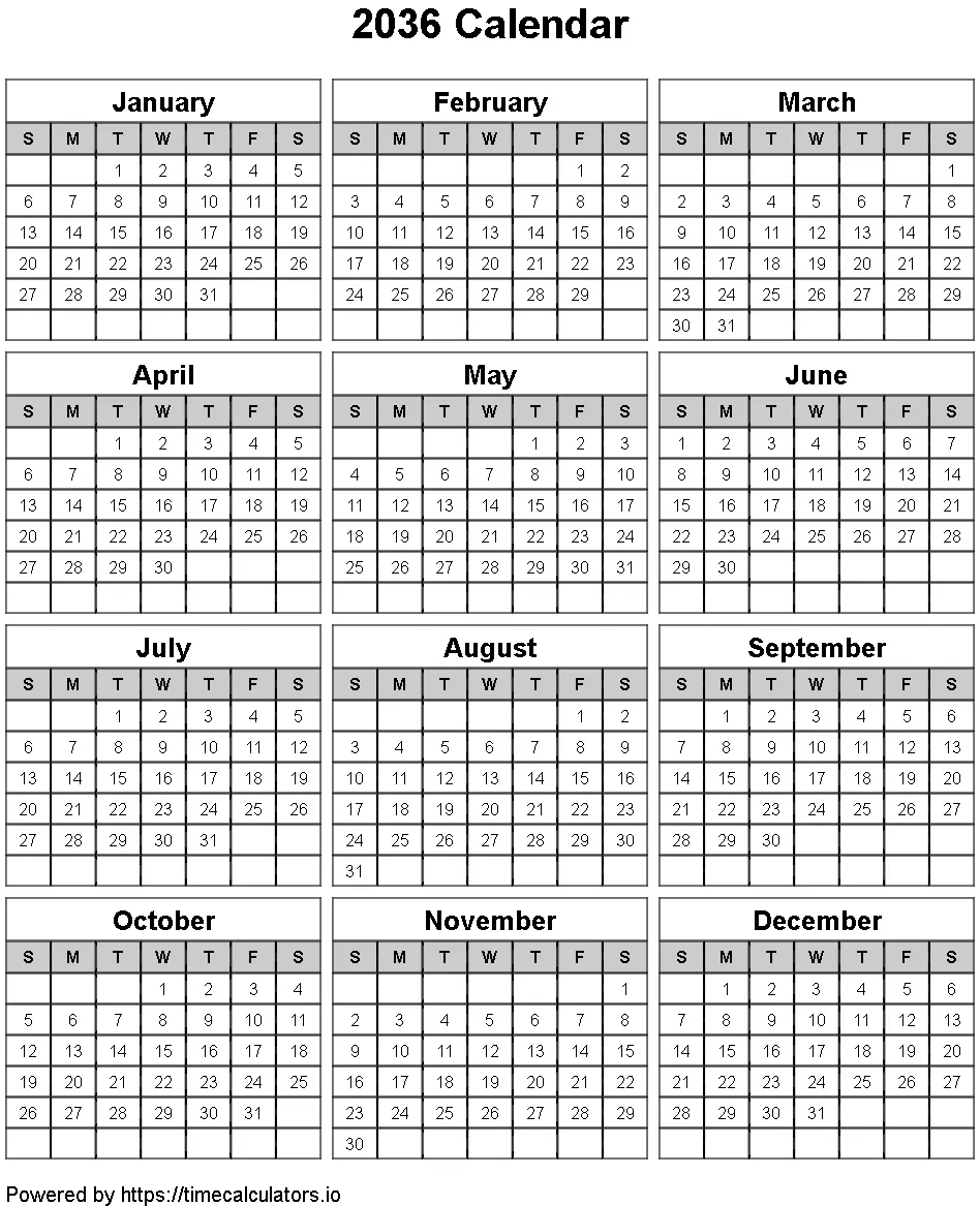 2036 Portrait Calendar