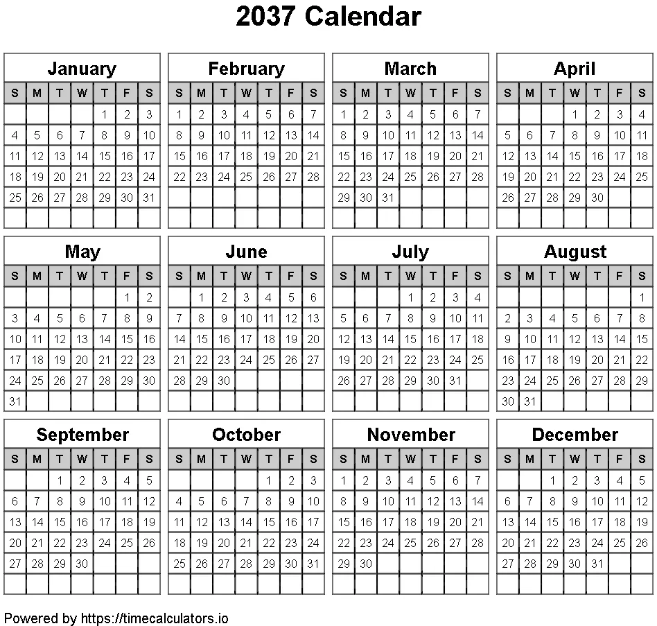 2037 Landscape Calendar
