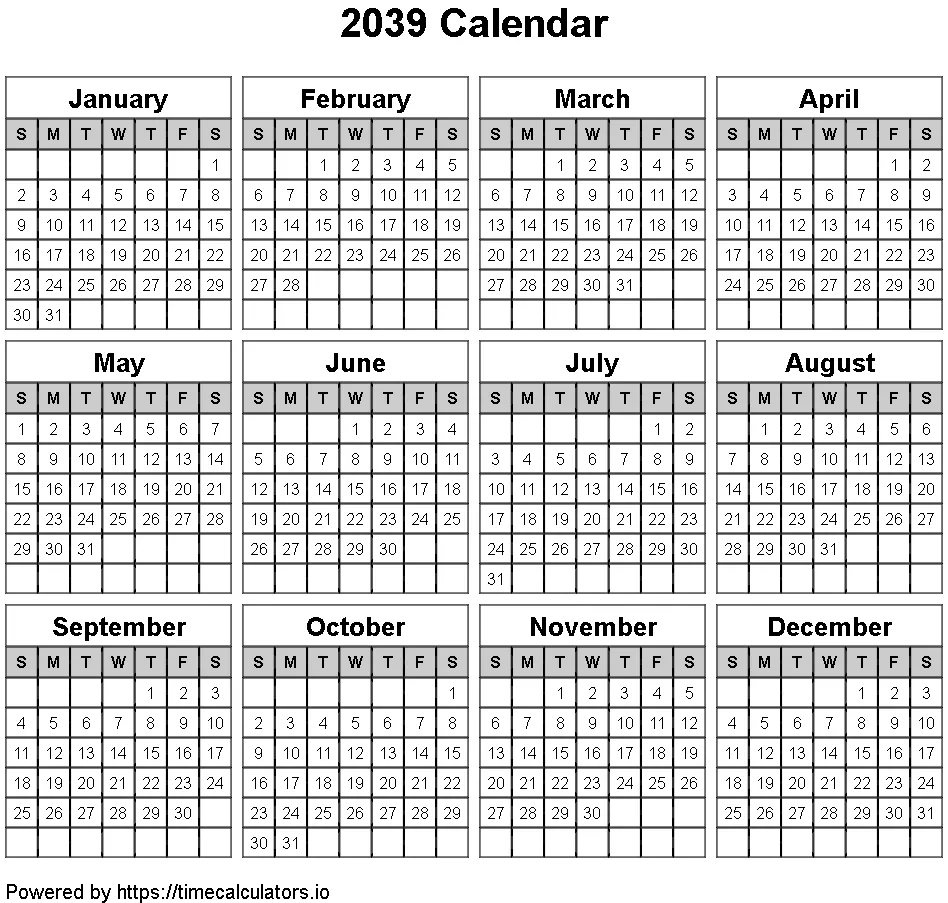 2039 Landscape Calendar