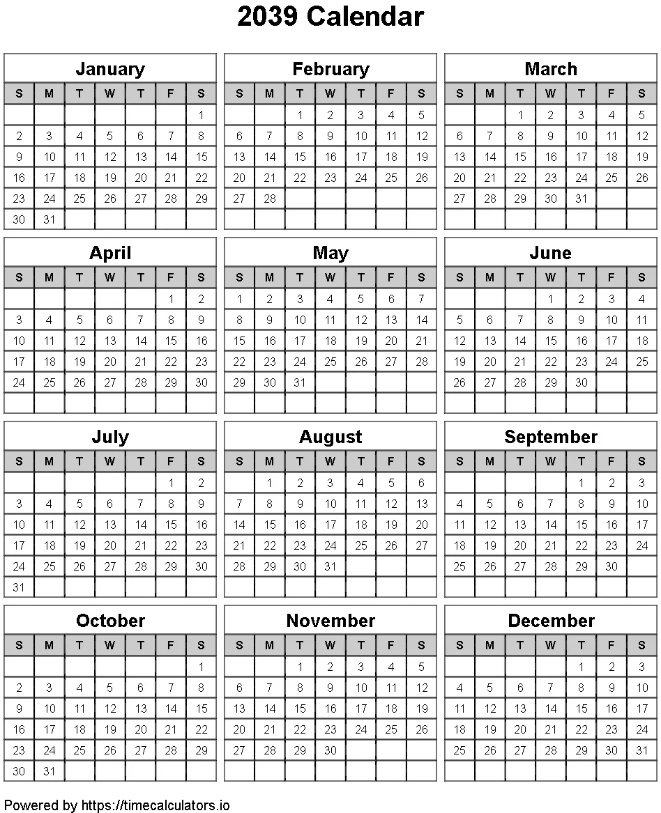 2039 Portrait Calendar