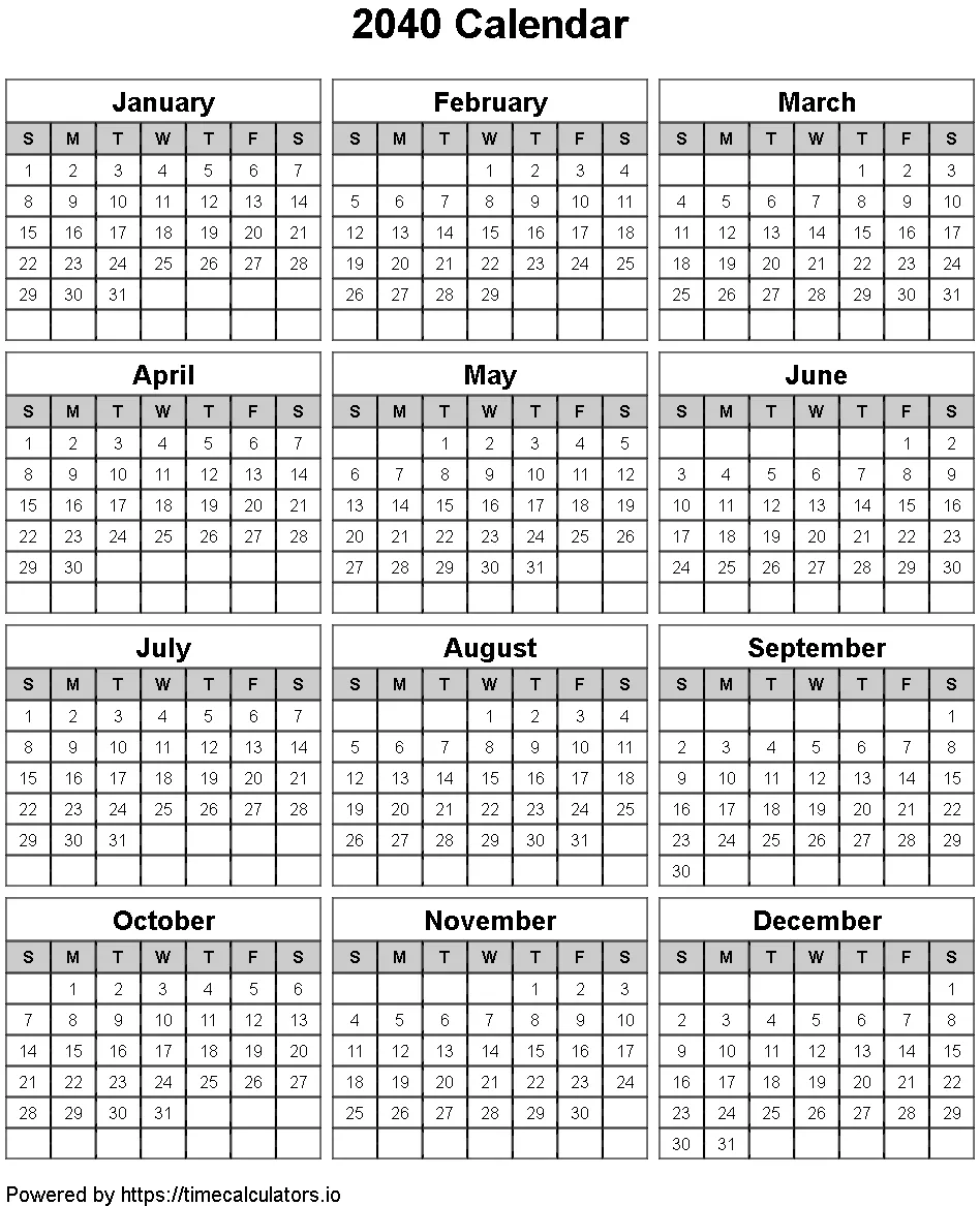 2040 Portrait Calendar