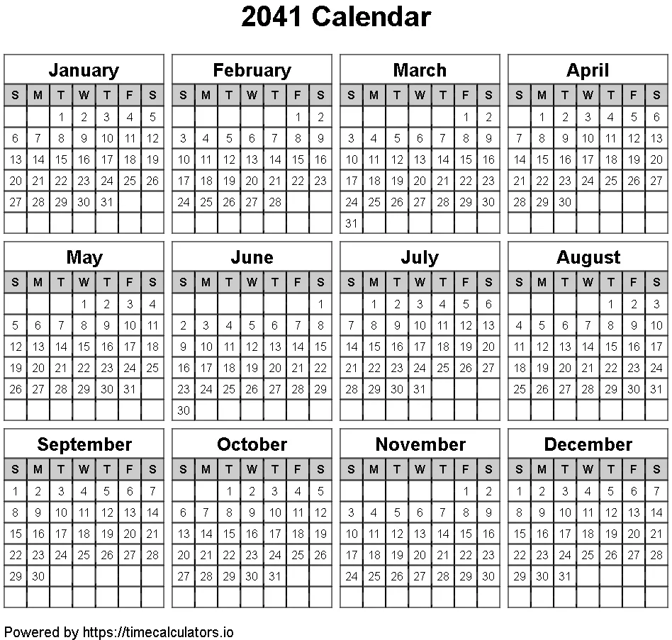 2041 Landscape Calendar