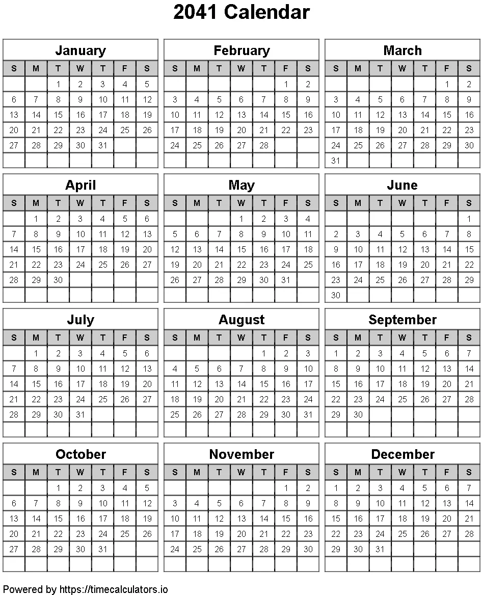 2041 Portrait Calendar