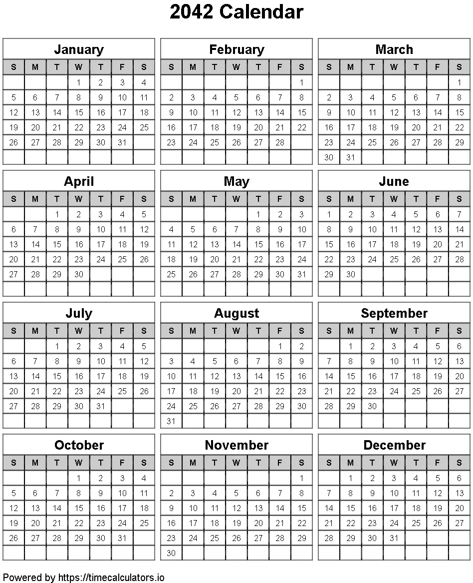 2042 Portrait Calendar