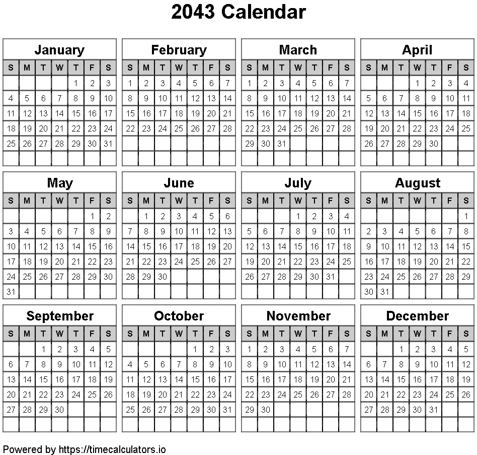 2043 Landscape Calendar