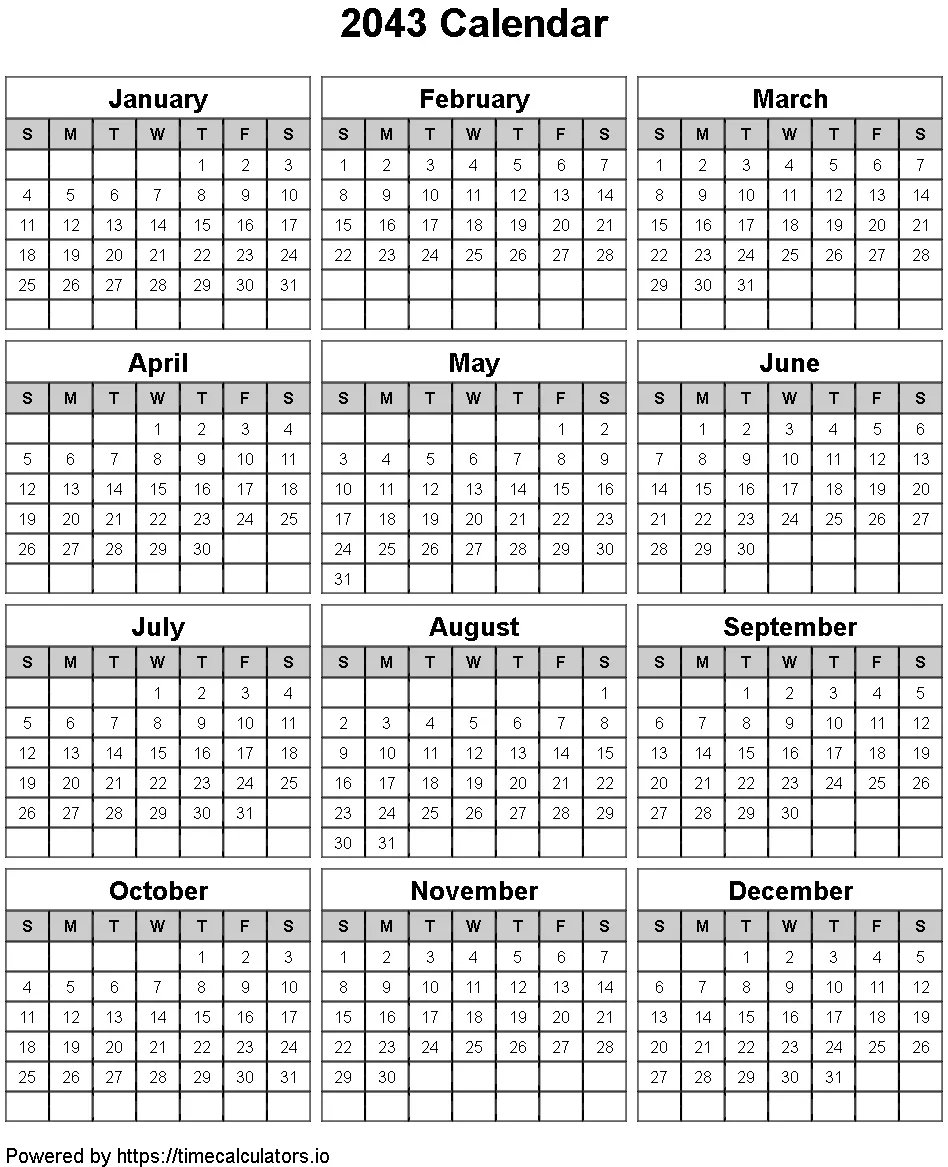 2043 Portrait Calendar