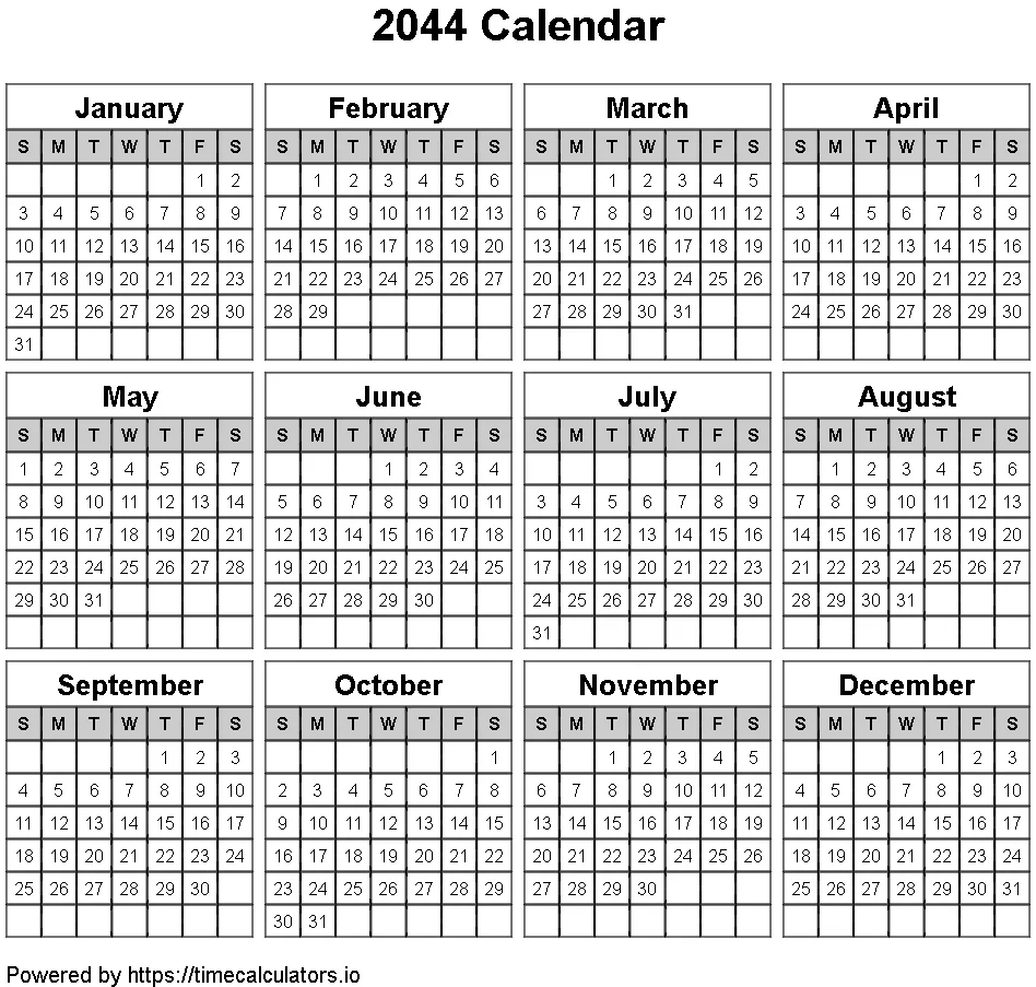 2044 Landscape Calendar