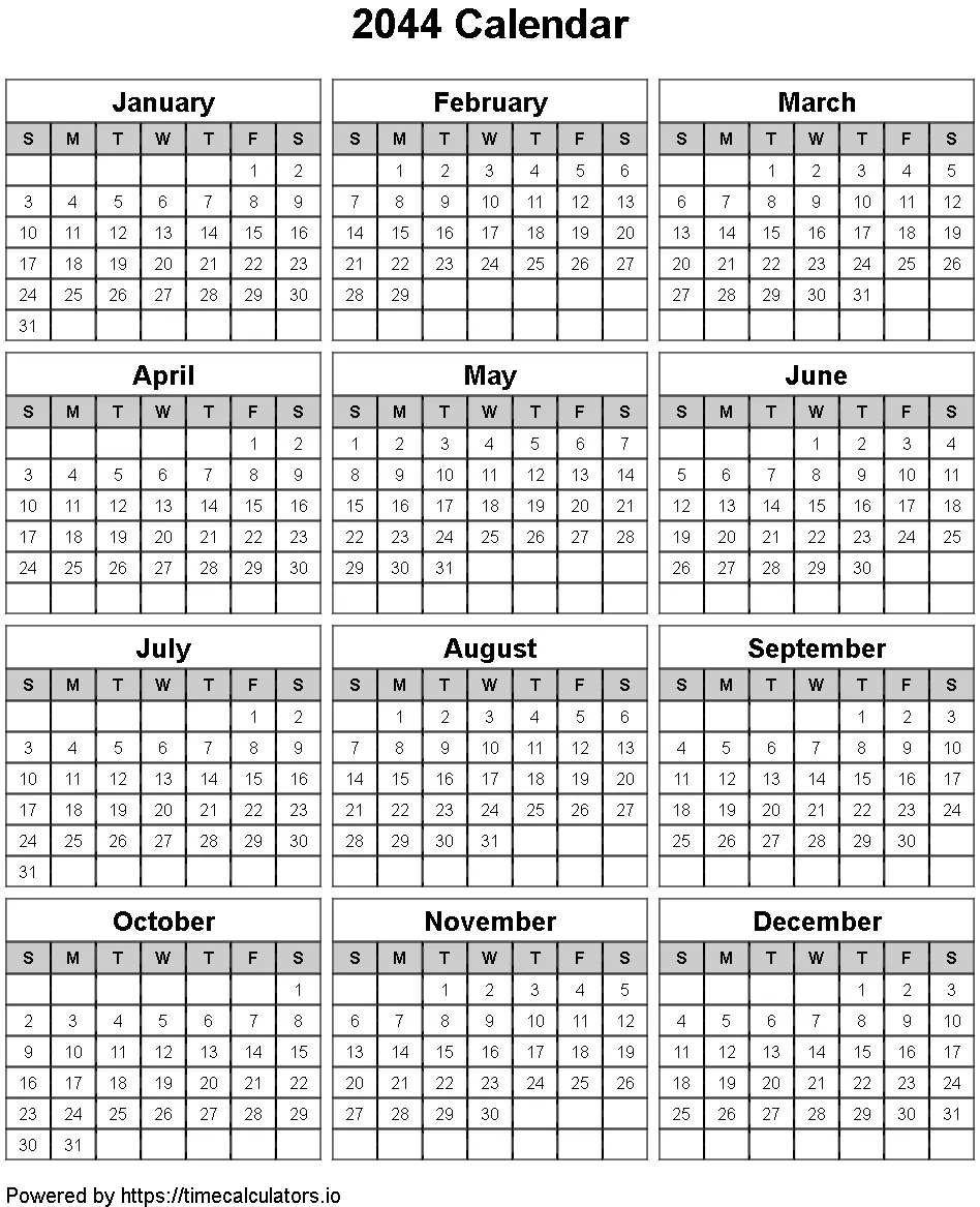 2044 Portrait Calendar