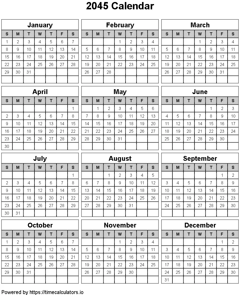 2045 Portrait Calendar