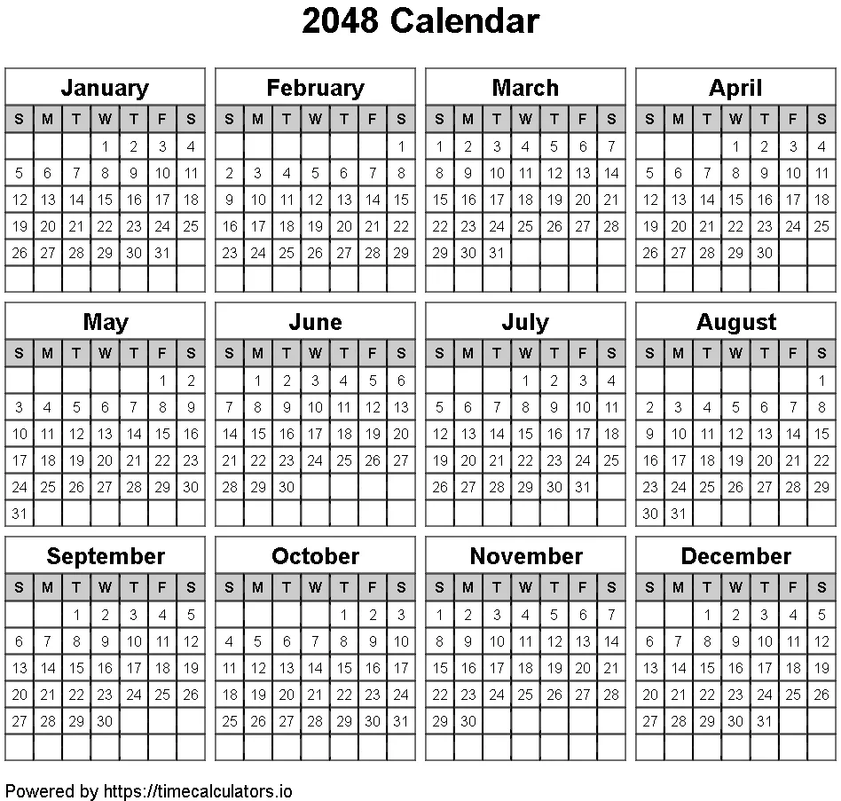 2048 Landscape Calendar