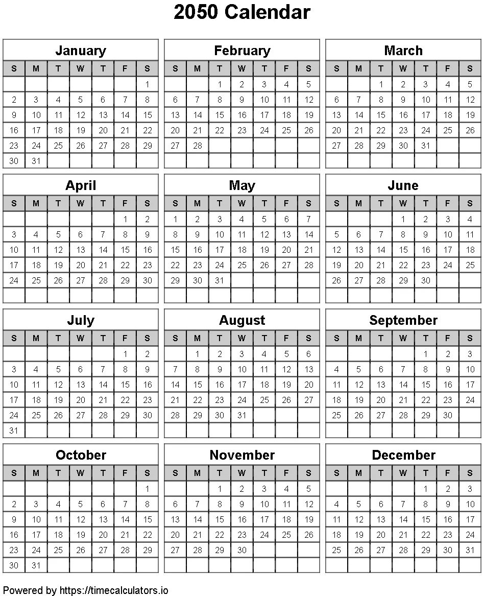 2050 Portrait Calendar