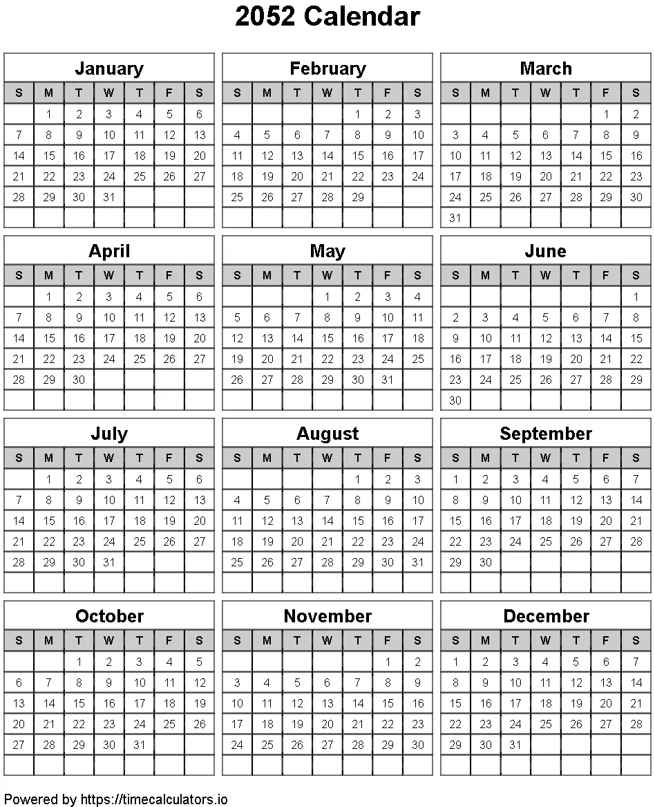 2052 Portrait Calendar