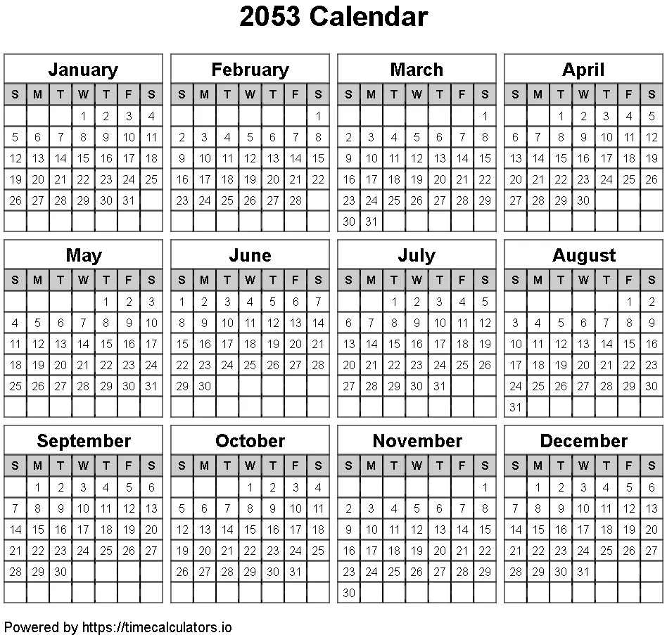 2053 Landscape Calendar