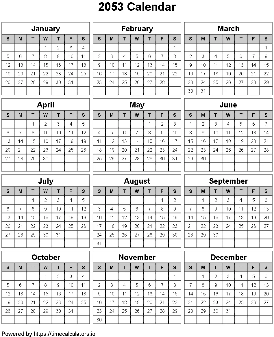 2053 Portrait Calendar