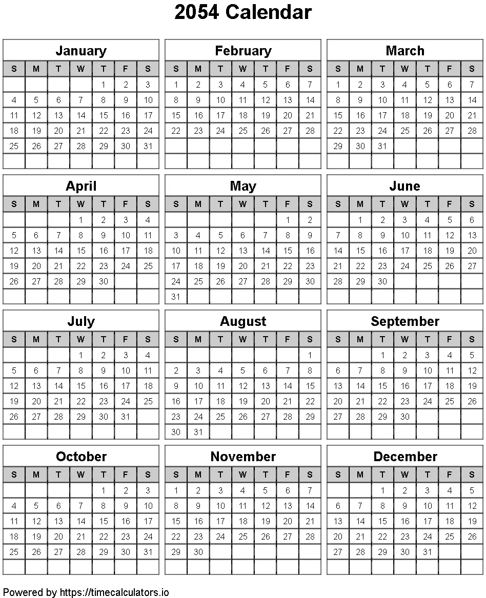 2054 Portrait Calendar