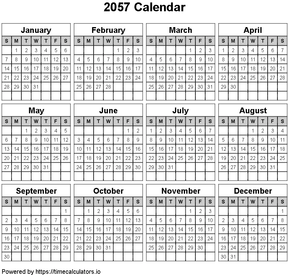 2057 Landscape Calendar