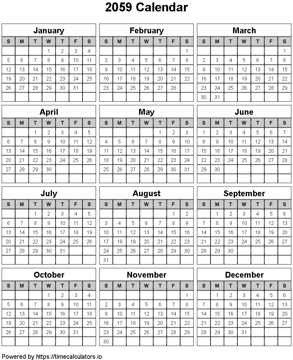 2059 Portrait Calendar