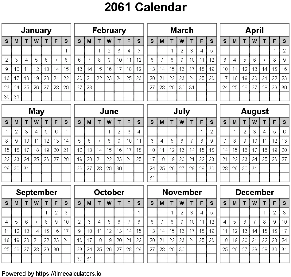 2061 Landscape Calendar