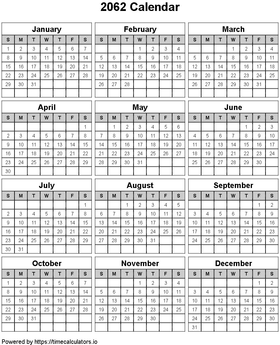 2062 Portrait Calendar