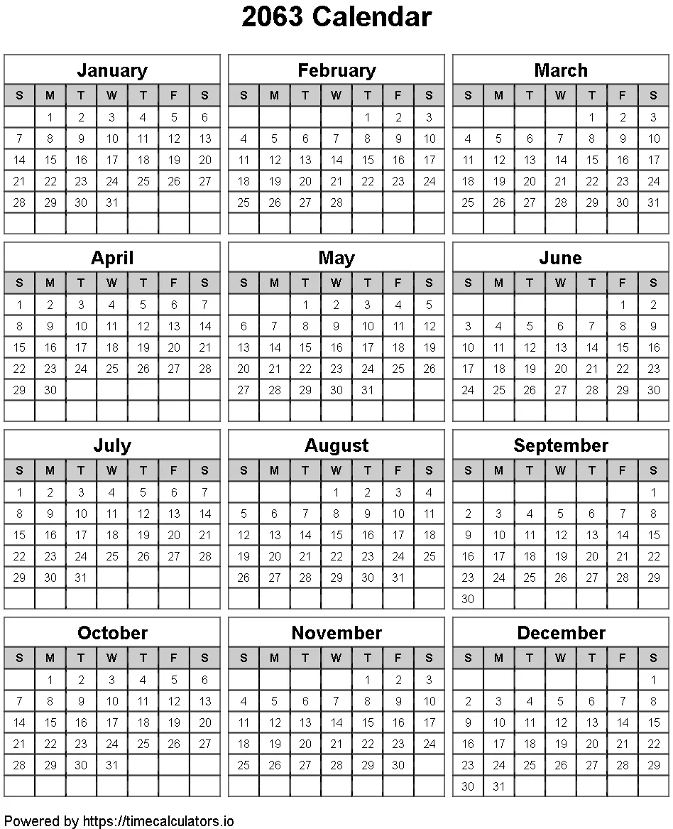 2063 Portrait Calendar