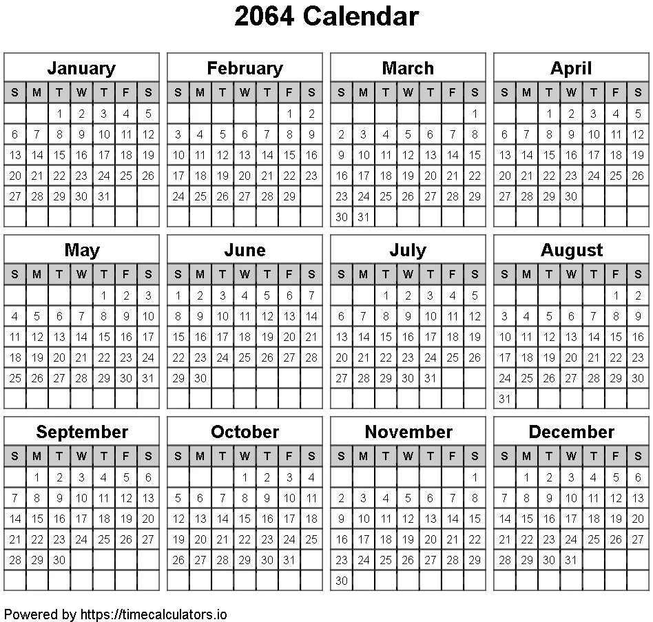 2064 Landscape Calendar